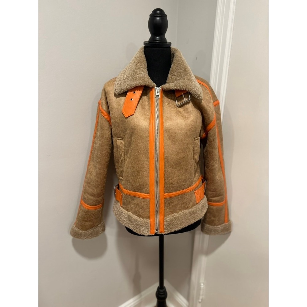 BDG Urban Outfitters Faux Shearling Aviator Jacket Sz:M Tan Orange buckles
